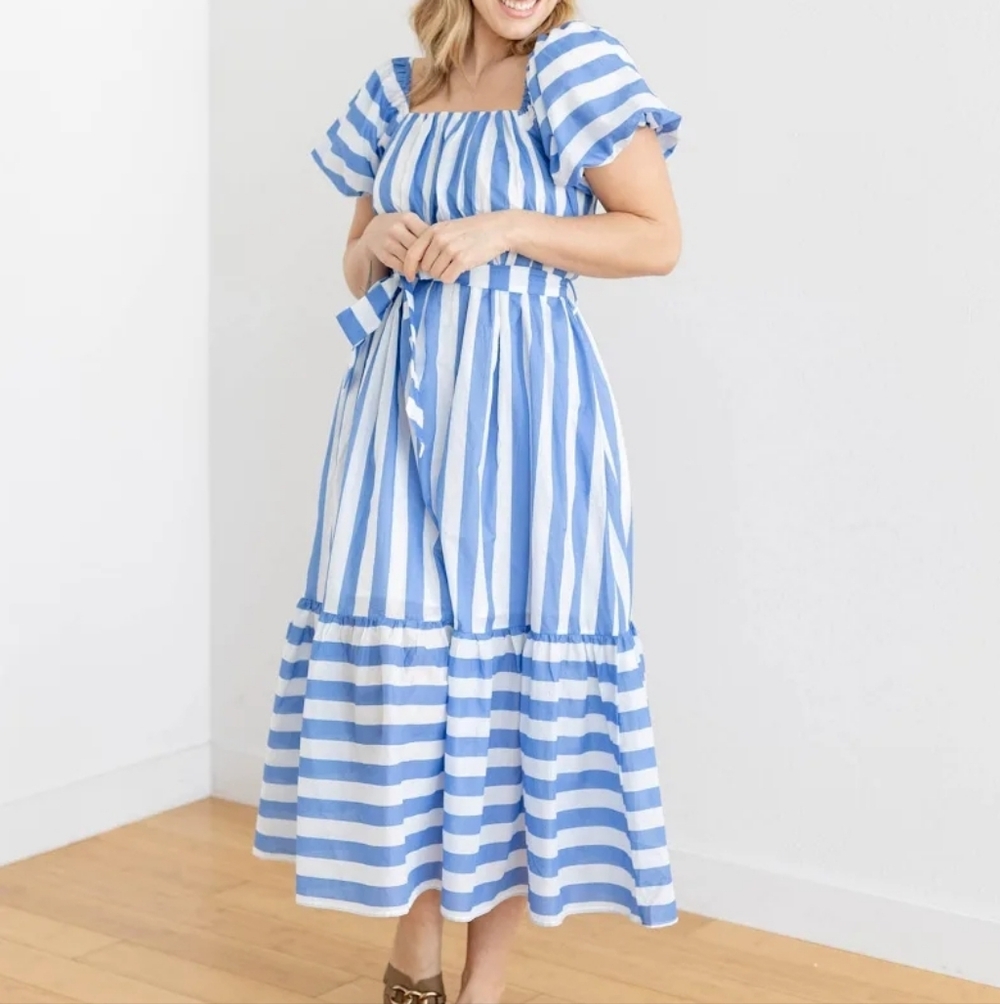 S Pinch Blue Stripe Square Neck Belted Maxi Dress
